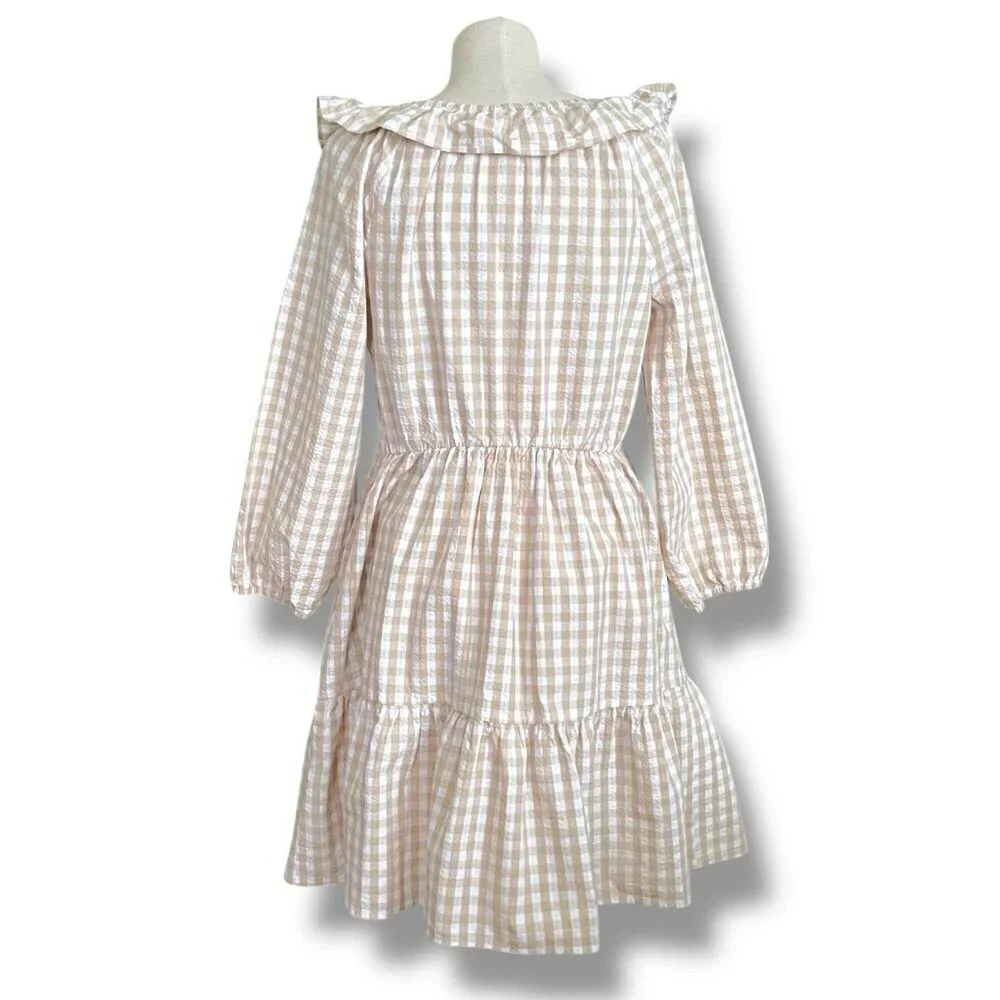 J Crew Womens Seersucker Dress Sz 12 Tan White Gingham Ruffle Neck Mini Preppy